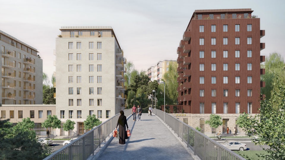 Flerbostadshus i ljusbeige och ljusbruna nyanser på var sin sida av Oddebron. Människor i rörelse. Illustration